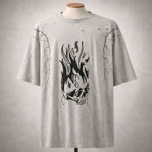 New boohooMan Skull Acid Wash Distressed New York Rhinestone Shirt Large L